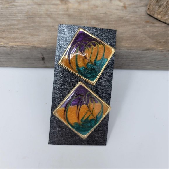 Vintage Enameled Statement Earrings Pierced - Picture 2 of 5